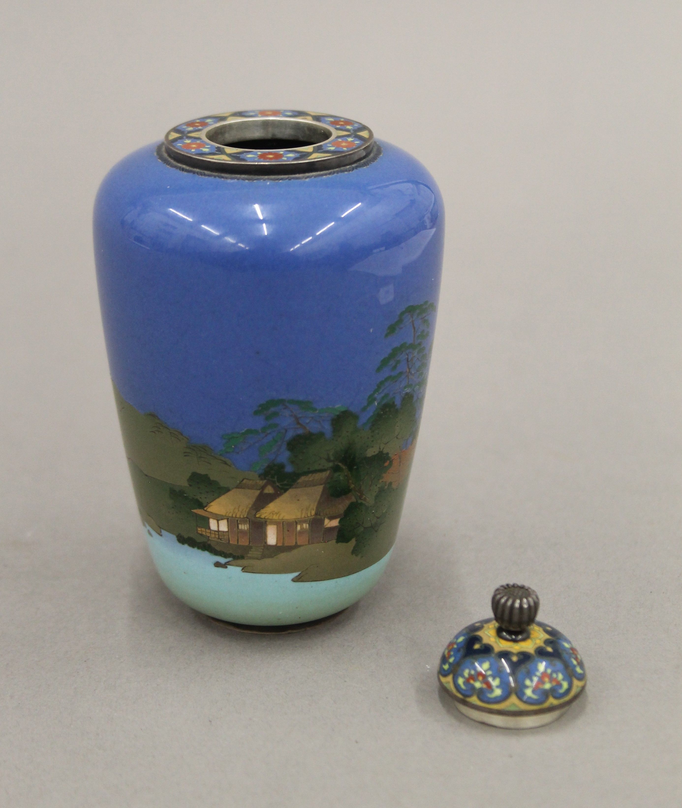An early 20th century Japanese silver and cloisonne enamel lidded vase decorated with shoreline - Image 4 of 6