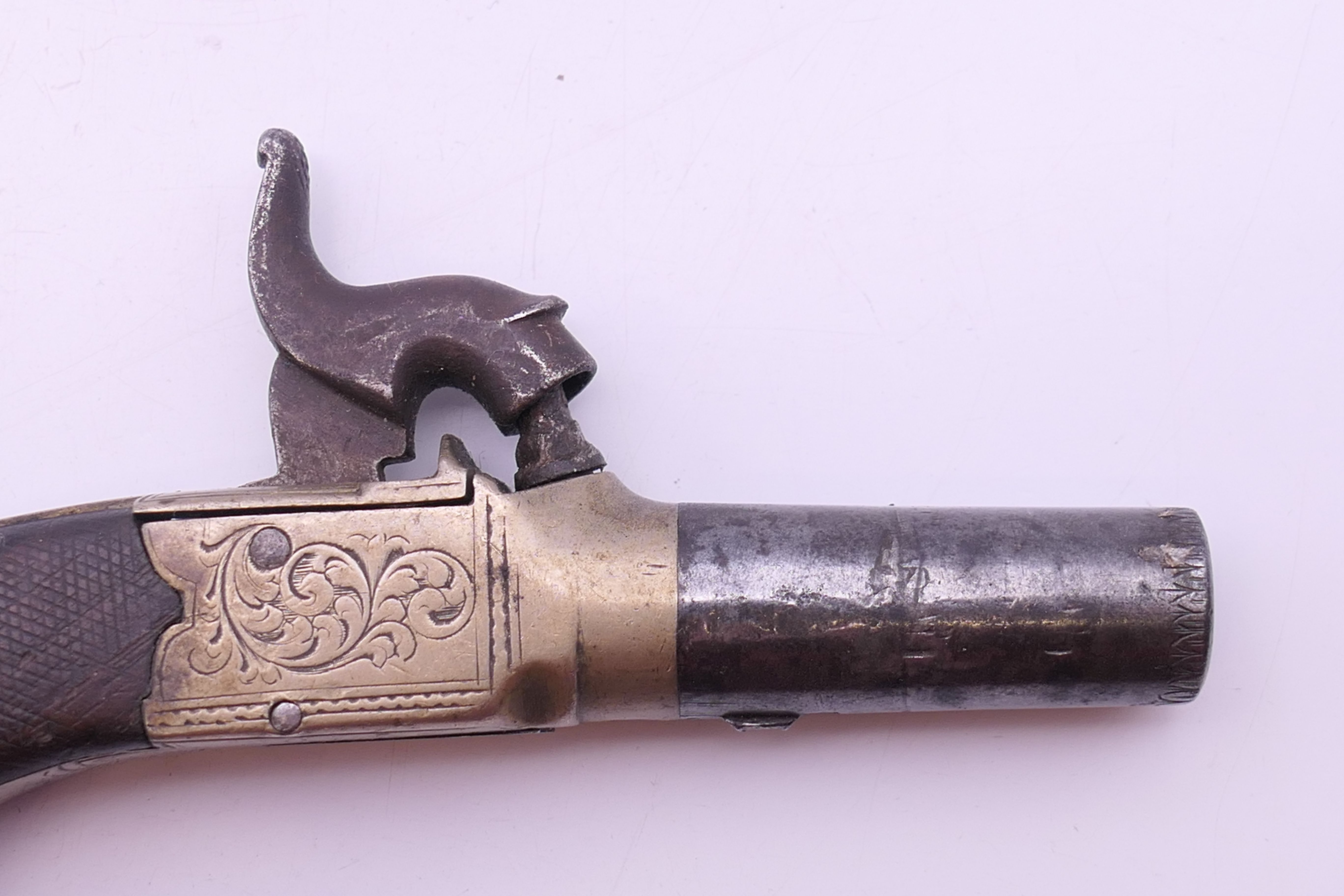A 19th century pocket pistol, inscribed J Burrow, Preston. 12 cm long. - Image 2 of 5