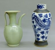 A Chinese crackle glaze vase and a Celadon ewer. The former 25.5 cm high.