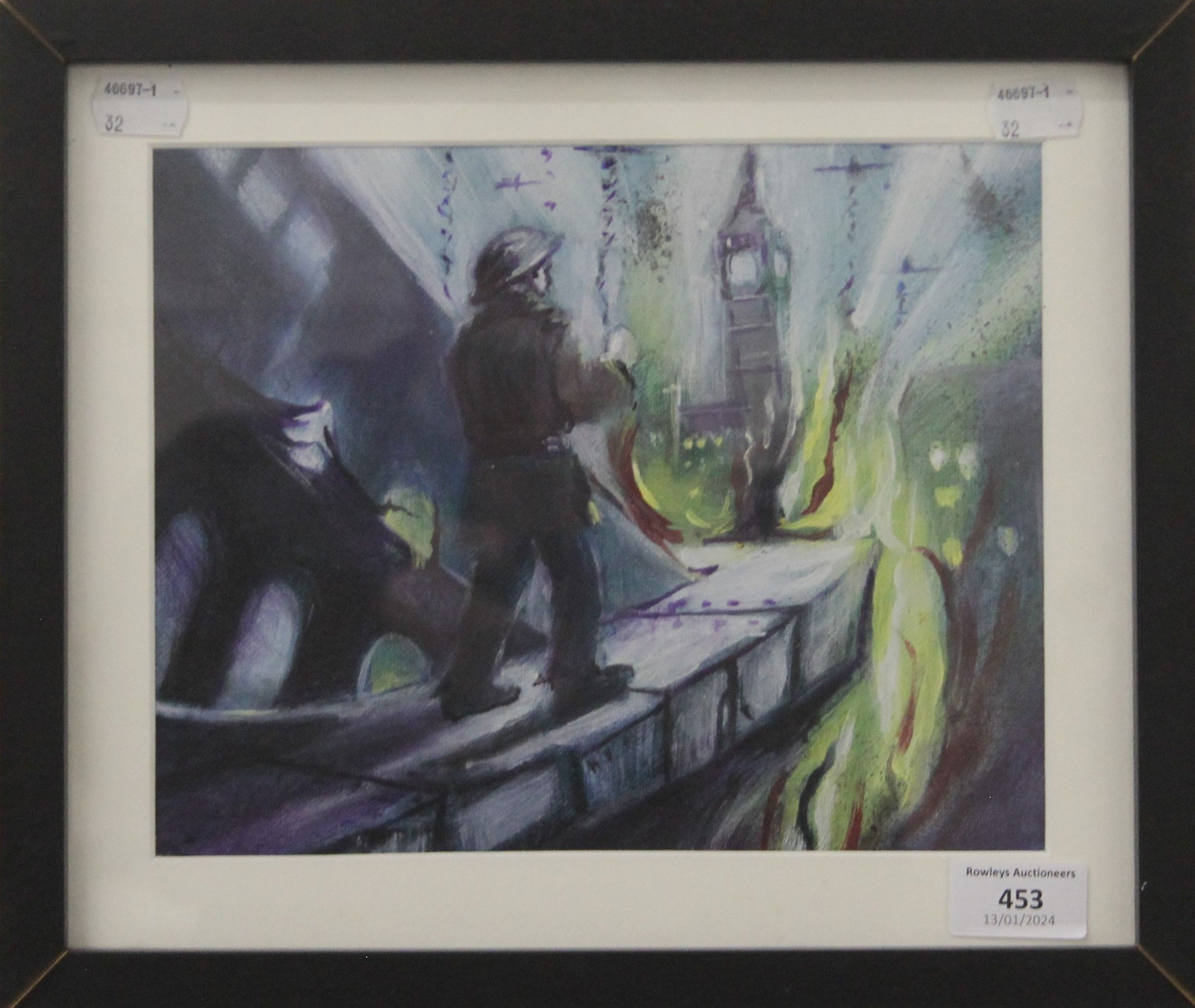 RICHARD HUBBARD, WWII London Big Ben Fire Spotter, oil, framed and glazed. 25 x 19.5 cm. - Image 2 of 2