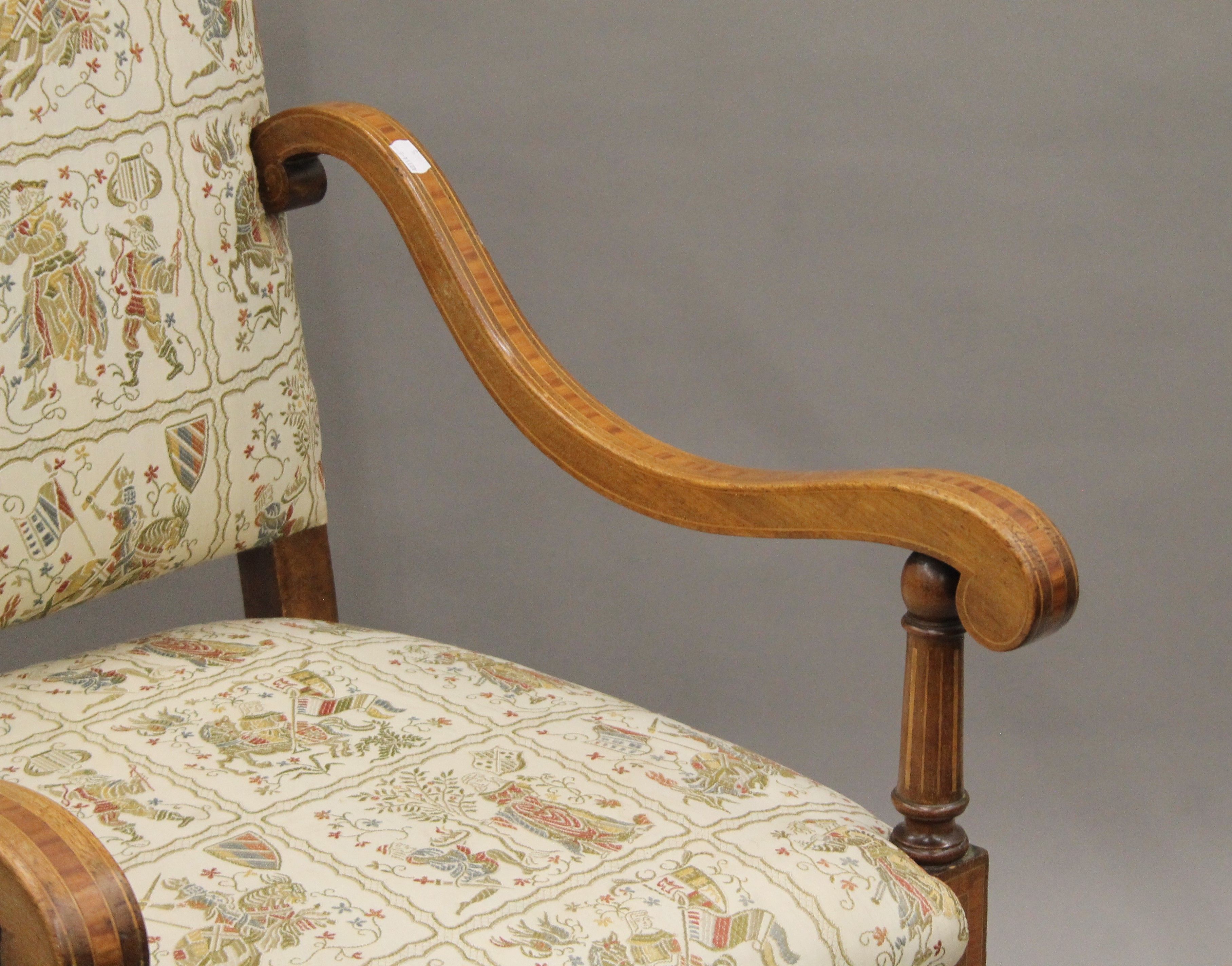 An Edwardian upholstered inlaid mahogany open armchair. 62 cm wide. - Image 4 of 5