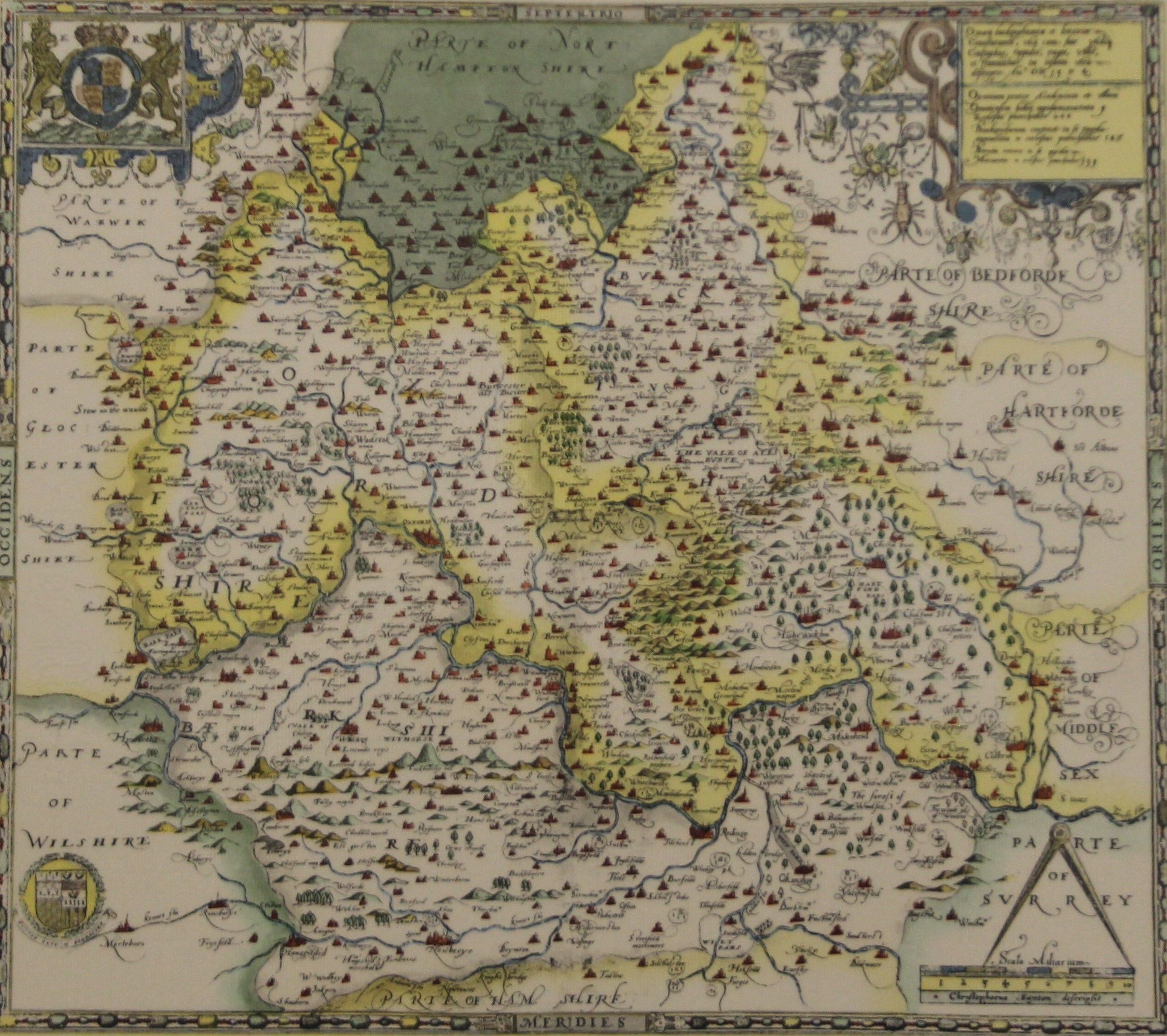 A print of Saxton's map of Oxfordshire, Buckinghamshire and Berkshire, framed. 63 x 51 cm.