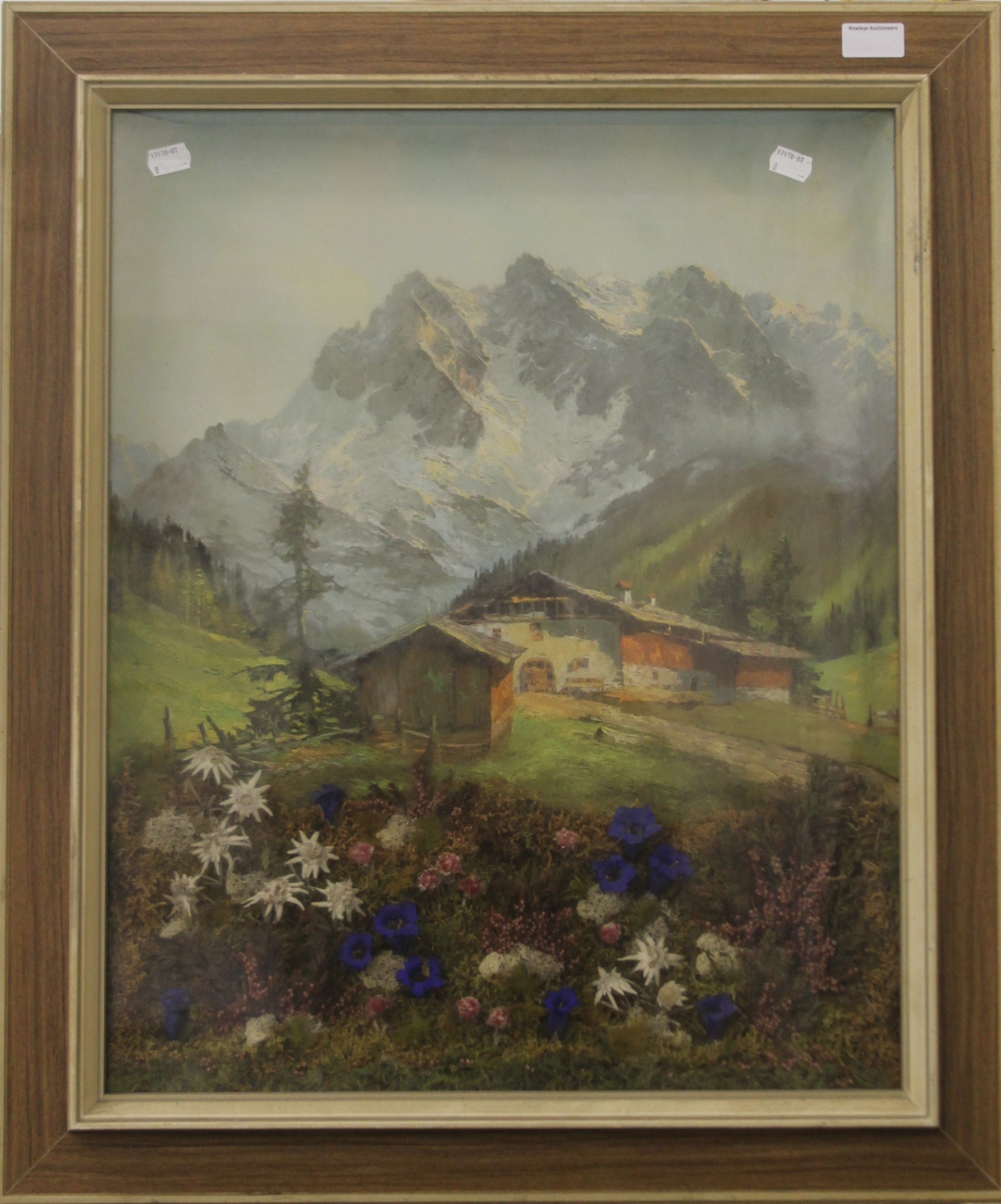 A kitsch print and collage of an Alpine scene, framed and glazed. 61.5 x 73.5 cm. - Image 2 of 2