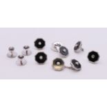 A set of 9 ct white gold dress buttons and studs, in a fitted case by Armour Winston Ltd,