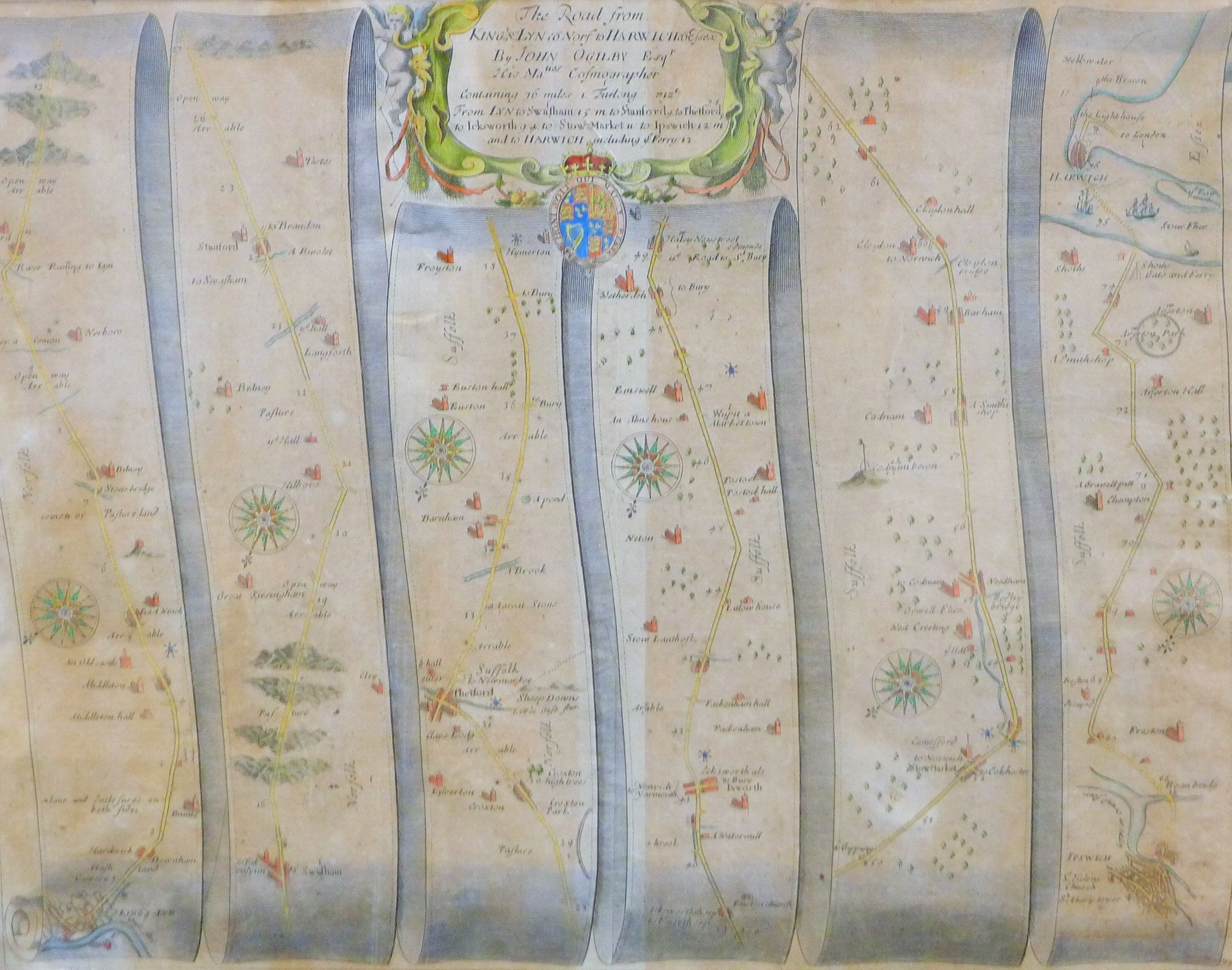 John Ogilby, two framed and glazed coloured road maps, - Image 4 of 6