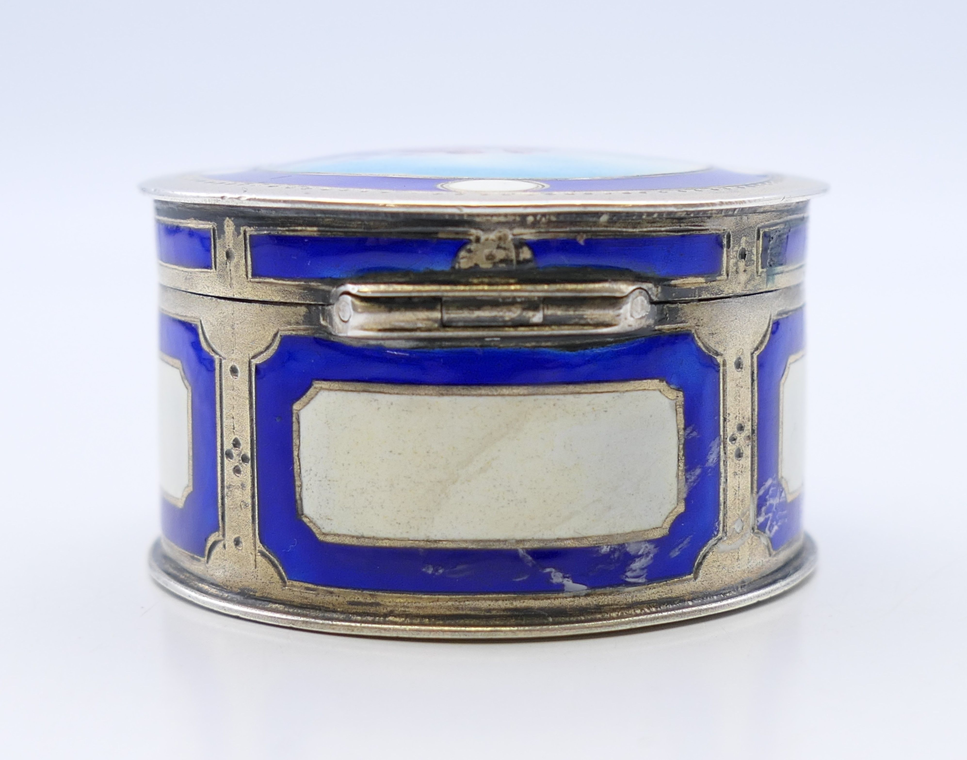 A Continental 800 silver and enamel pill box, the lid decorated with a courting couple. 4. - Image 4 of 8