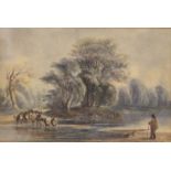 A 19th century watercolour of Cattle by a River, framed and glazed. 22.5 x 15 cm.