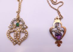 An antique 9 ct gold rope twist necklace with pendant and a double heart pendant set with pearls on