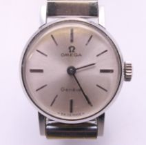 A ladies stainless steel cased Omega wristwatch. 2 cm wide.