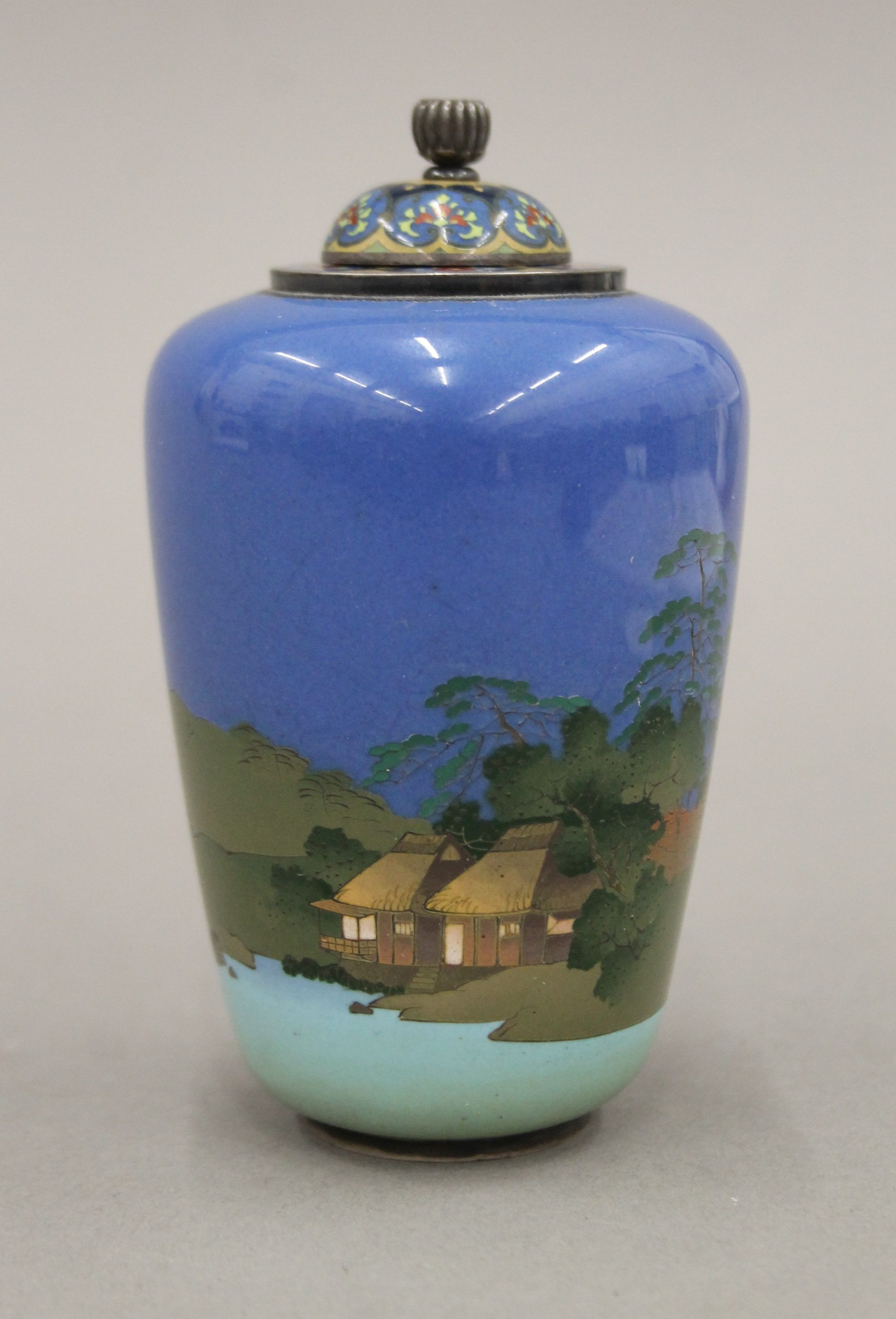 An early 20th century Japanese silver and cloisonne enamel lidded vase decorated with shoreline - Image 2 of 6