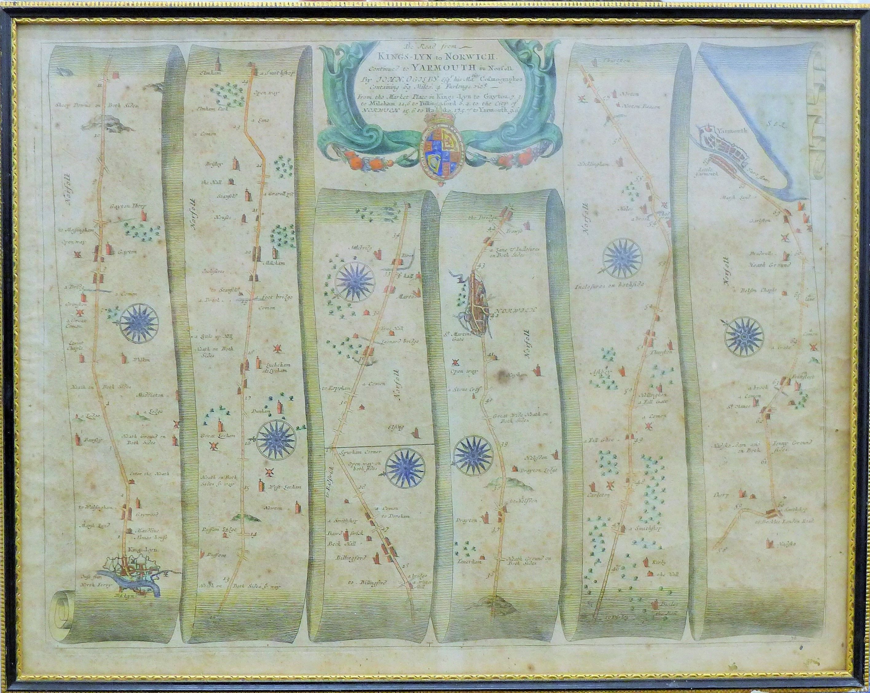 John Ogilby, two framed and glazed coloured road maps, - Image 2 of 6