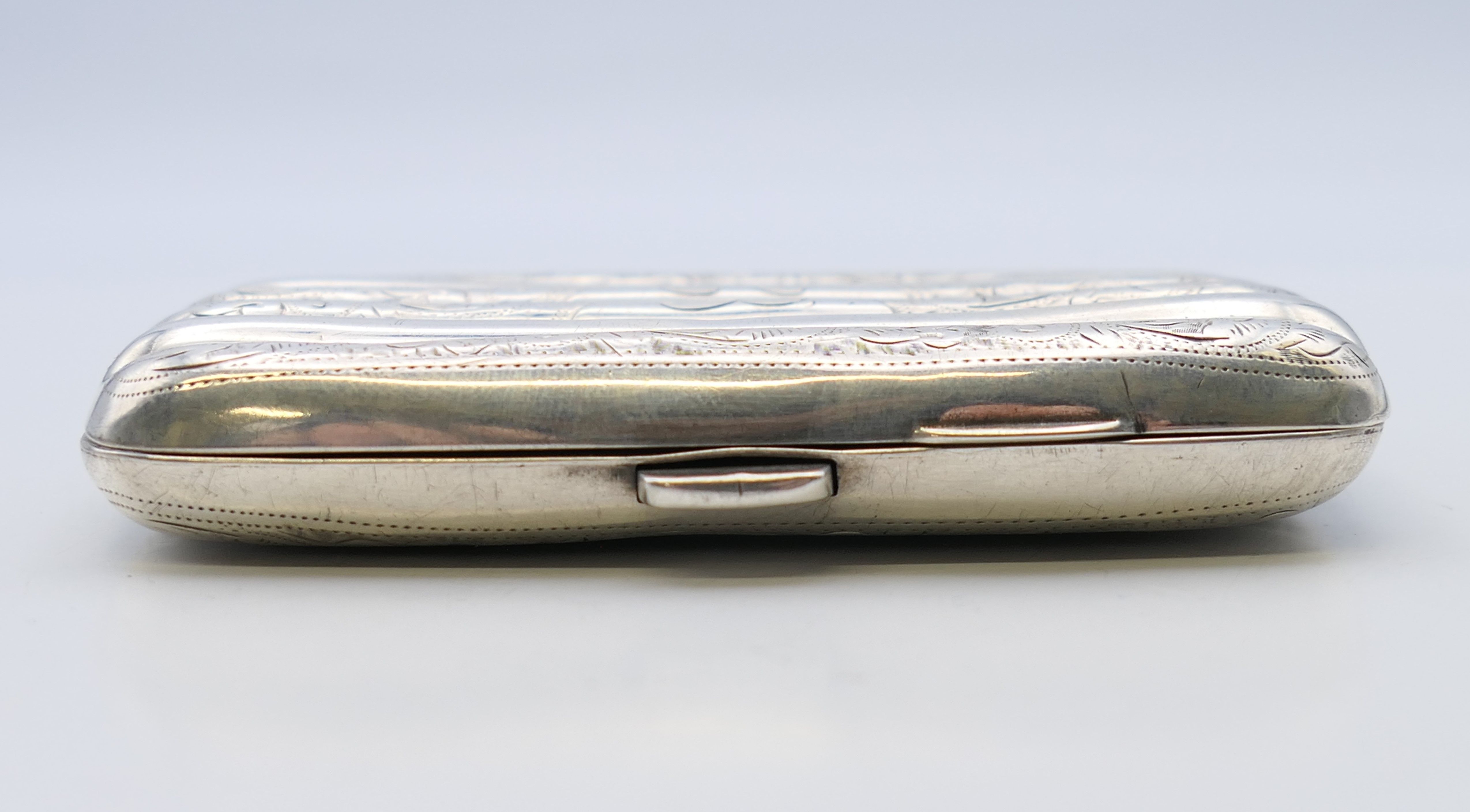 A silver cheroot case, hallmarked for Chester 1905. 9 cm x 6 cm. 49.3 grammes total weight. - Image 3 of 8