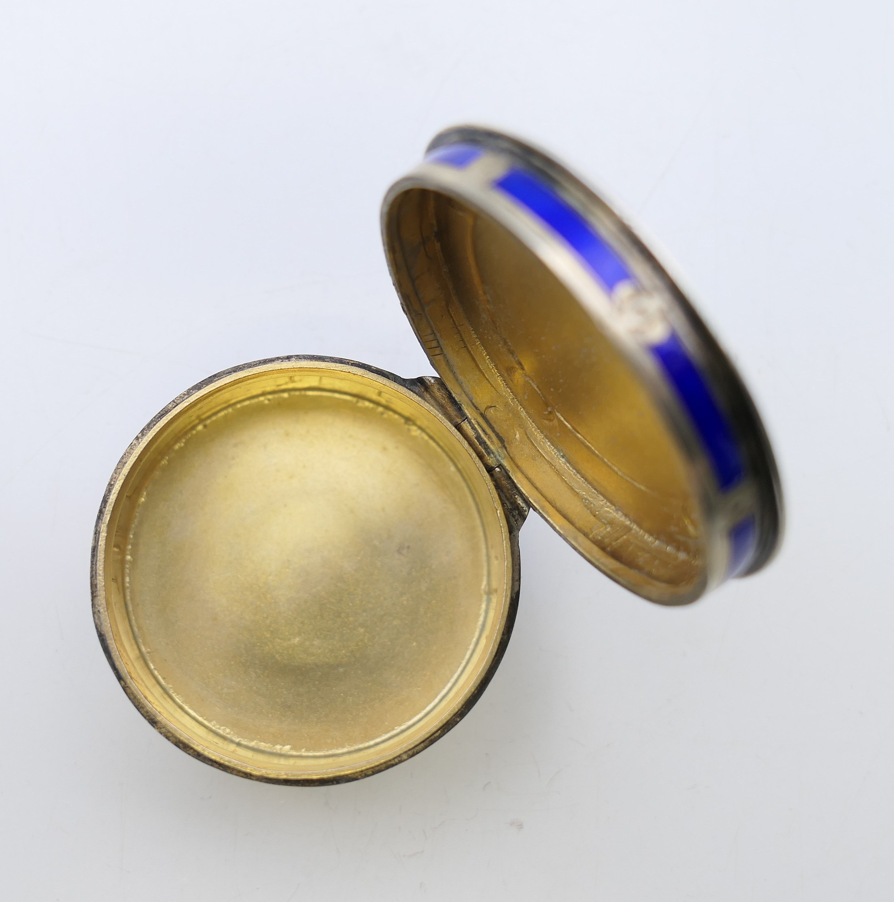 A Continental 800 silver and enamel pill box, the lid decorated with a courting couple. 4. - Image 8 of 8