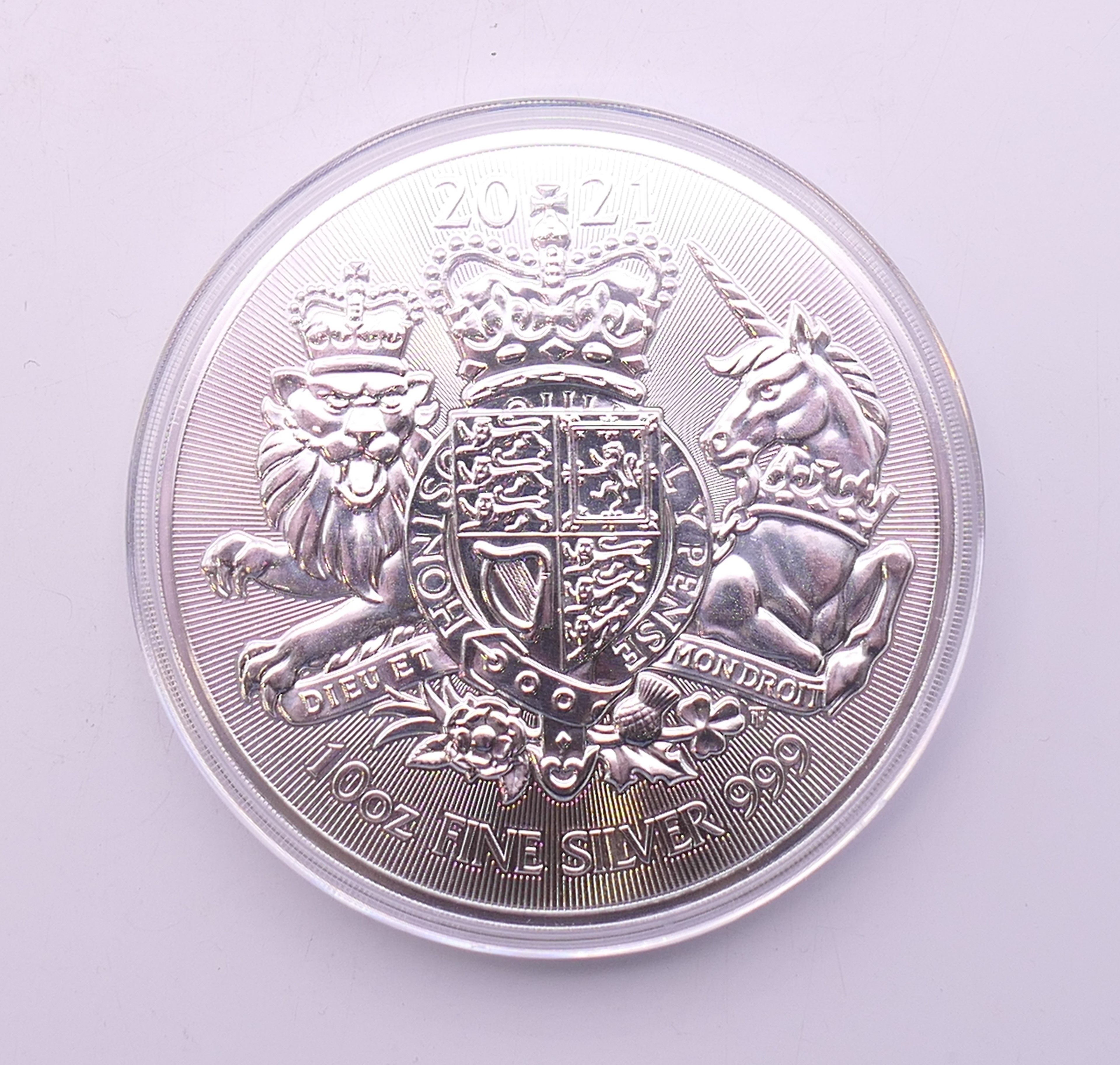 A 2021 10oz fine silver 10 pound coin.