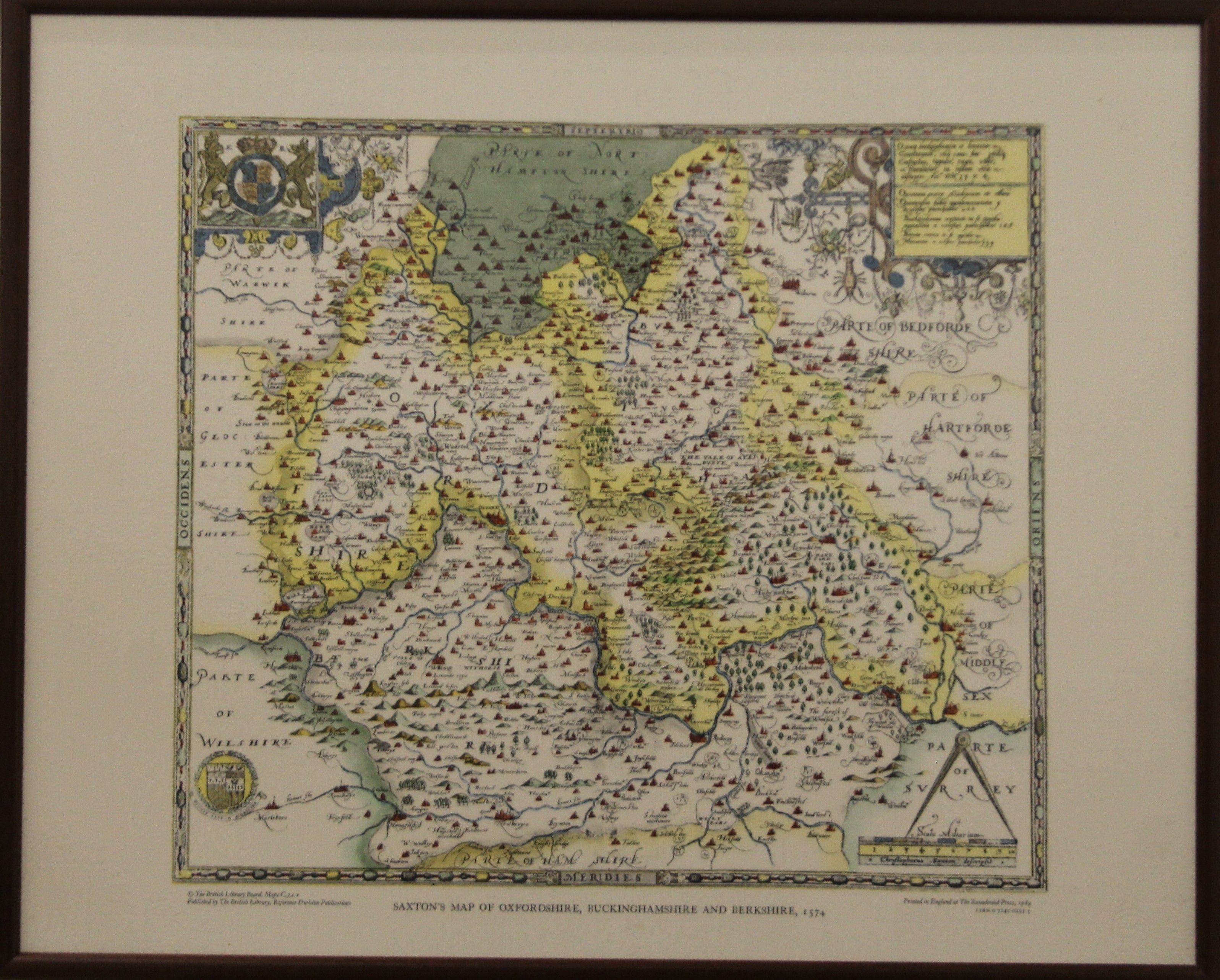 A print of Saxton's map of Oxfordshire, Buckinghamshire and Berkshire, framed. 63 x 51 cm. - Image 2 of 2