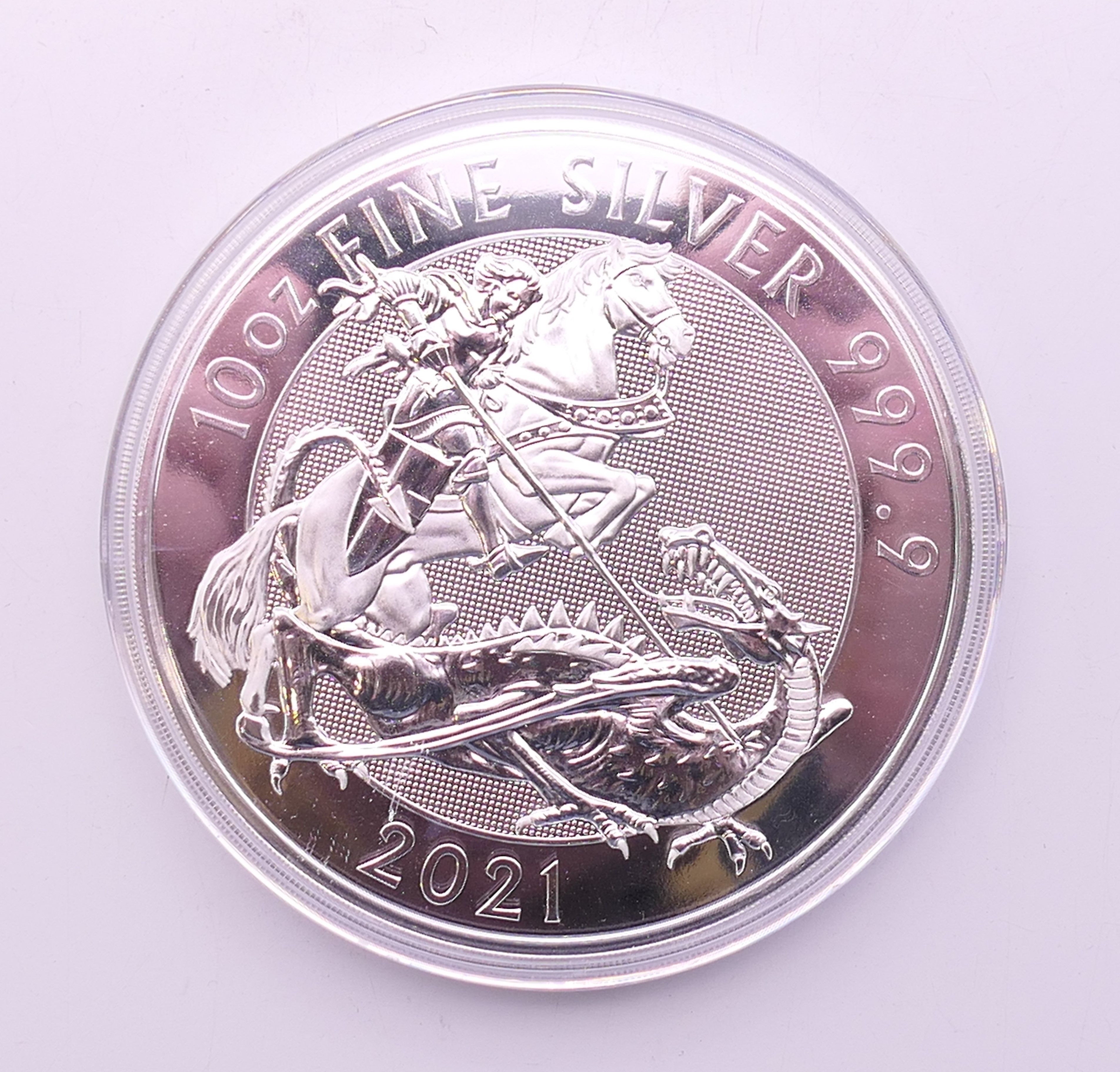 A 2021 10oz fine silver 10 pound coin.