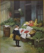 CONTINENTAL SCHOOL, Young Girl Shopping, oil on canvas, framed. 49 x 59.5 cm.