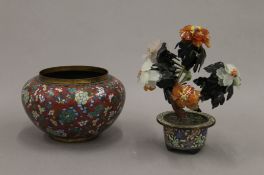 A late 19th/early 20th century cloisonne bowl and a hardstone mounted model bonsai tree.
