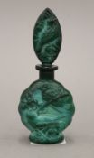 A Bohemian malachite glass scent bottle decorated with birds. 14 cm high.