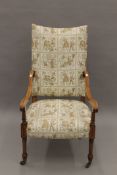 An Edwardian upholstered inlaid mahogany open armchair. 62 cm wide.