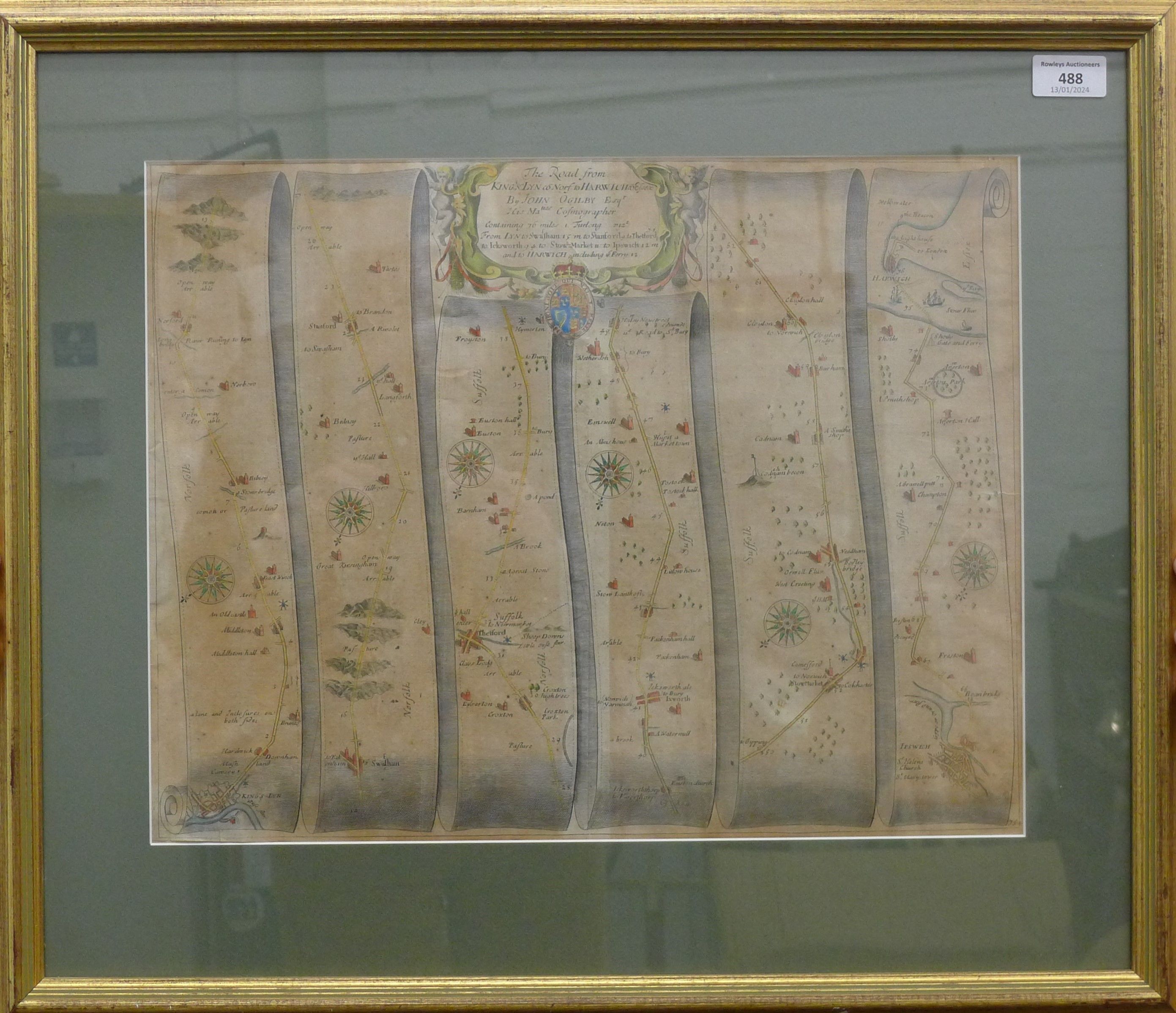 John Ogilby, two framed and glazed coloured road maps, - Image 5 of 6
