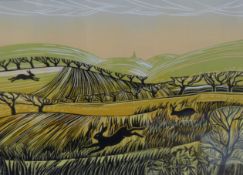 ROB BARNES, Three Hares Chasing, limited edition contemporary 2010's print, numbered 31/35,