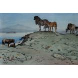 SEABY, ALLEN W,(1867-1953) British (AR), Shetland Ponies, woodcut, signed, framed and glazed. 23.