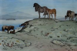 SEABY, ALLEN W,(1867-1953) British (AR), Shetland Ponies, woodcut, signed, framed and glazed. 23.