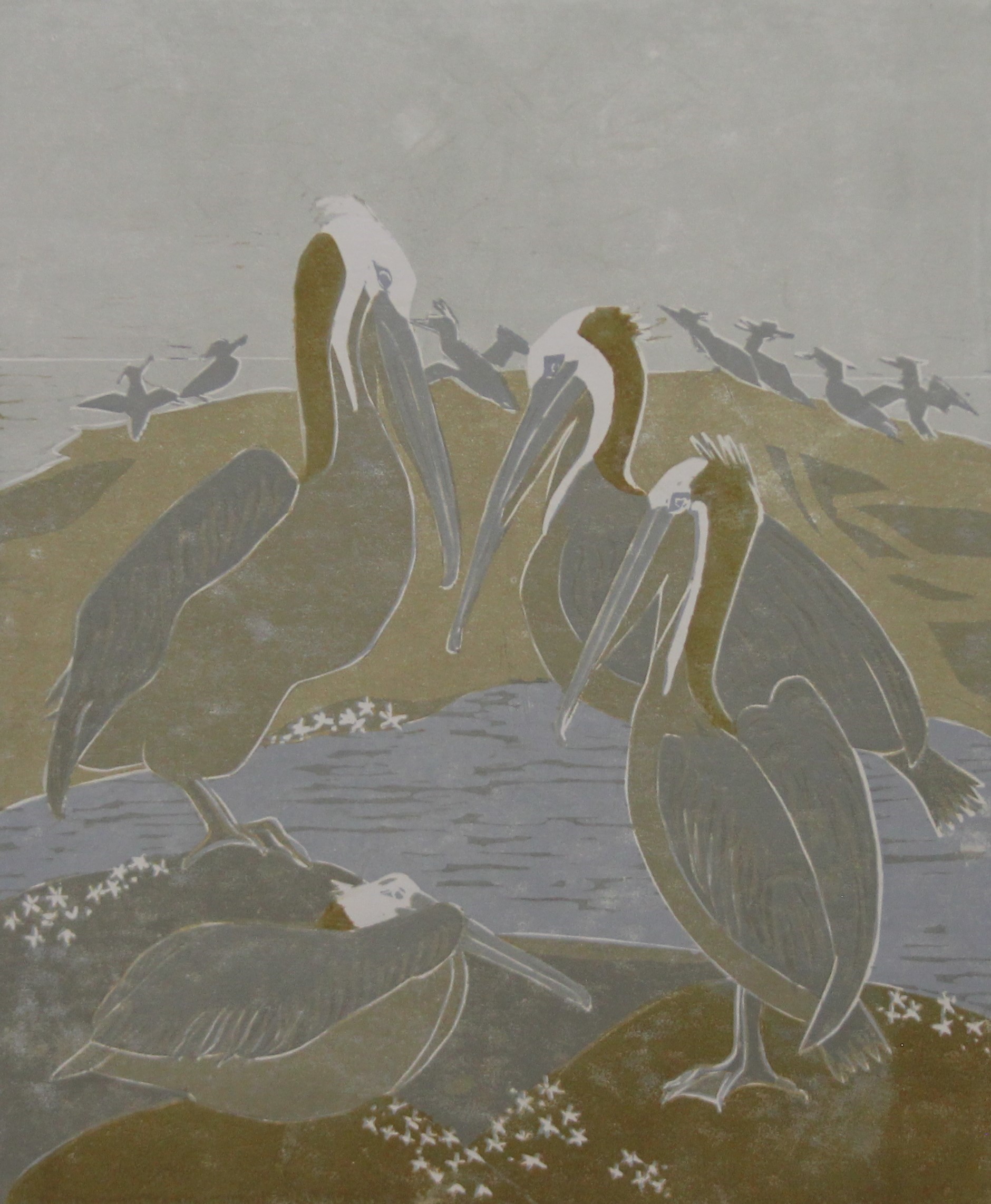HALL, PAULINE SOPHIE (1918-2007) British (AR), Brown Pelicans, woodcut on handmade paper,