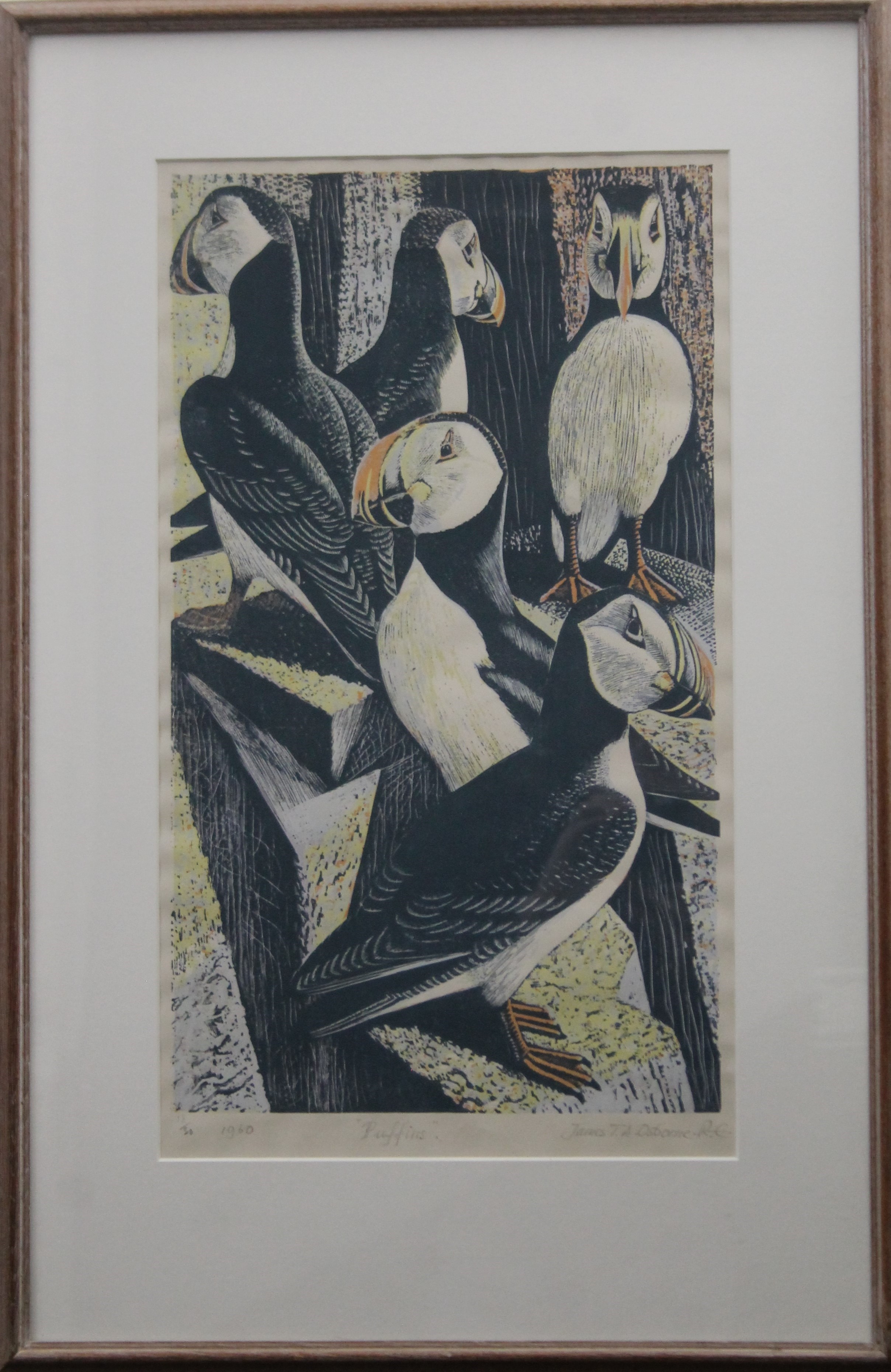 OSBORNE, JAMES RE (1907-1979) British (AR), Puffins, 1960, a limited edition woodcut, - Image 2 of 3