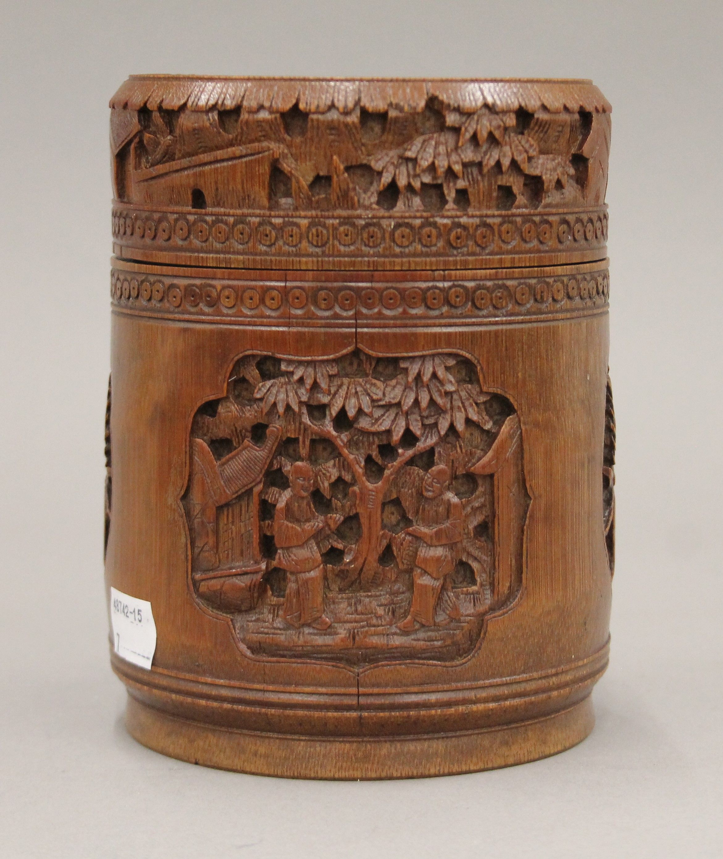A Chinese cylindrical bamboo box, carved with various figures and mythical beasts, - Image 2 of 7