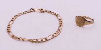 A 9 ct gold signet ring and a 9 ct gold bracelet. The latter 16 cm long. 3.6 grammes.