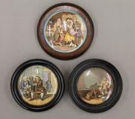 Three framed 19th century pot lids. The largest 14 cm diameter overall.