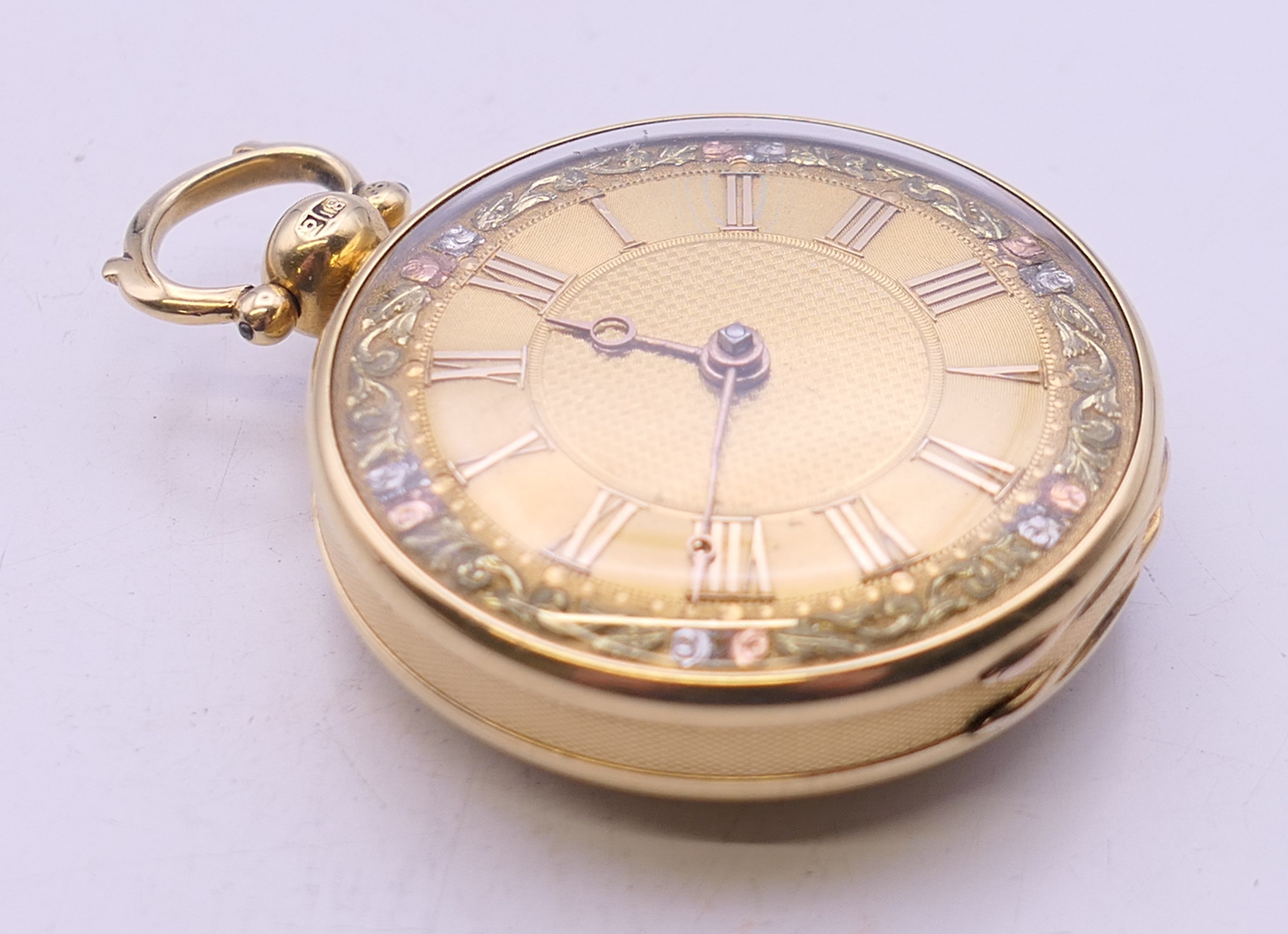 An 18 ct gold cased verge fusee gentleman's open faced pocket watch. 4 cm diameter. 79. - Image 2 of 9