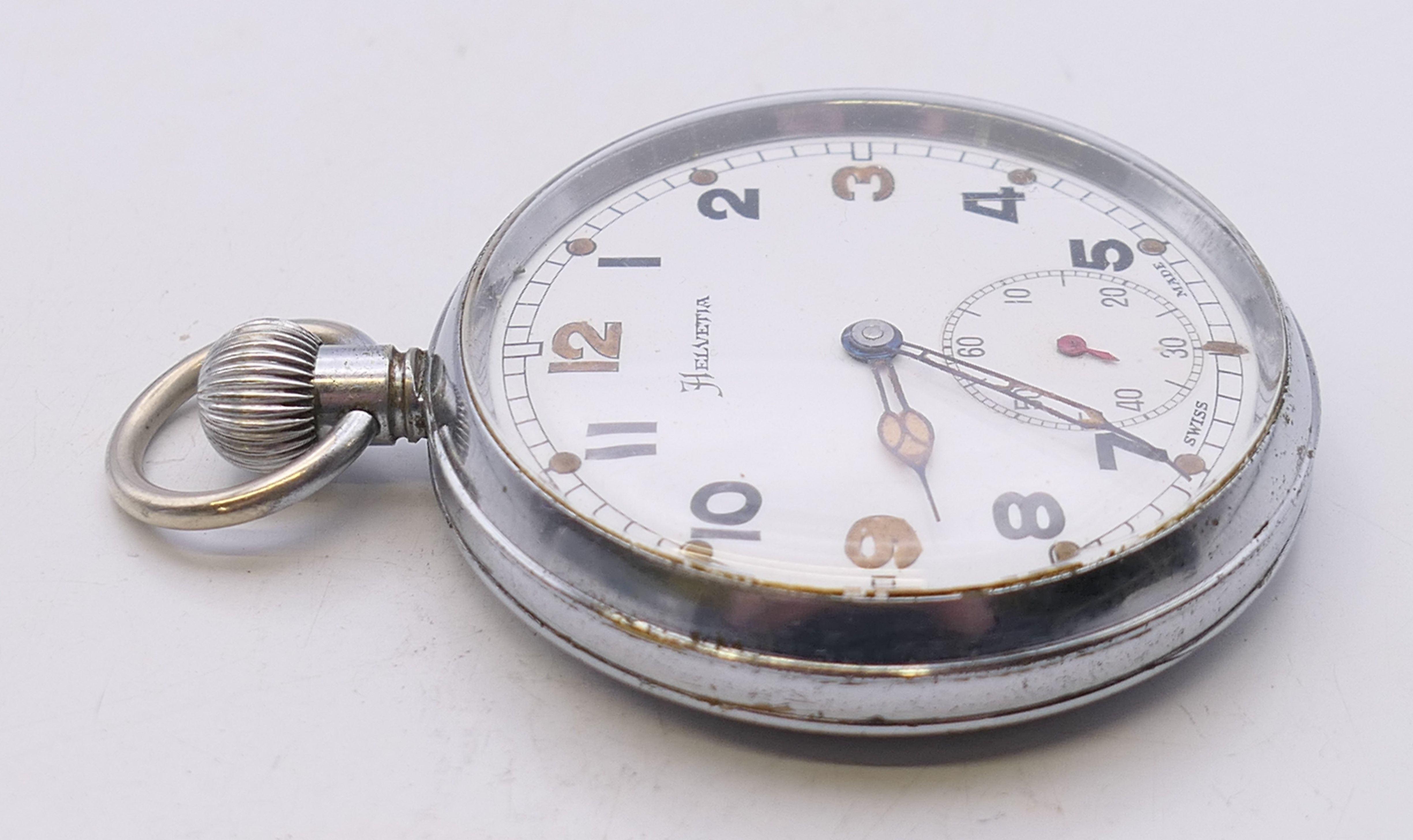 A Helvetia military pocket watch, the reverse stamped GS/TP P59849. 5 cm diameter. - Image 3 of 4