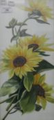 Sunflowers, oil on milk glass, framed and glazed. 20.5 x 46 cm.