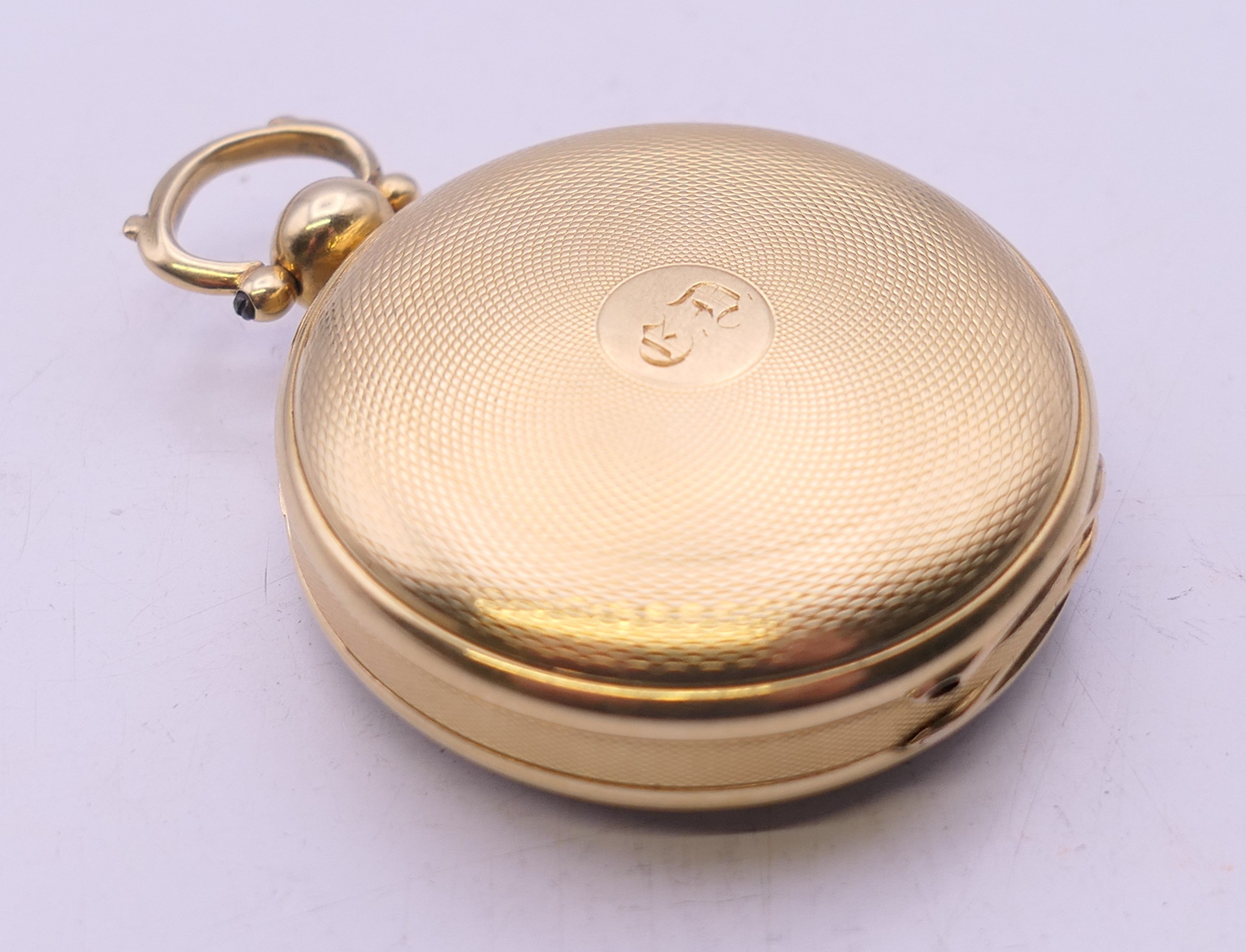 An 18 ct gold cased verge fusee gentleman's open faced pocket watch. 4 cm diameter. 79. - Image 9 of 9