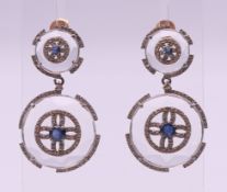 A pair of crystal sapphire and diamond drop earrings. 2 cm diameter.