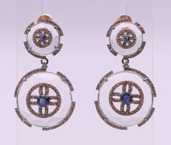 A pair of crystal sapphire and diamond drop earrings. 2 cm diameter.