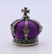 A silver Faberge crown pin cushion. 3.5 cm high.