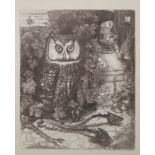 Two French prints, one depicting an owl, the other a cat on a birdcage,