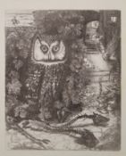 Two French prints, one depicting an owl, the other a cat on a birdcage,