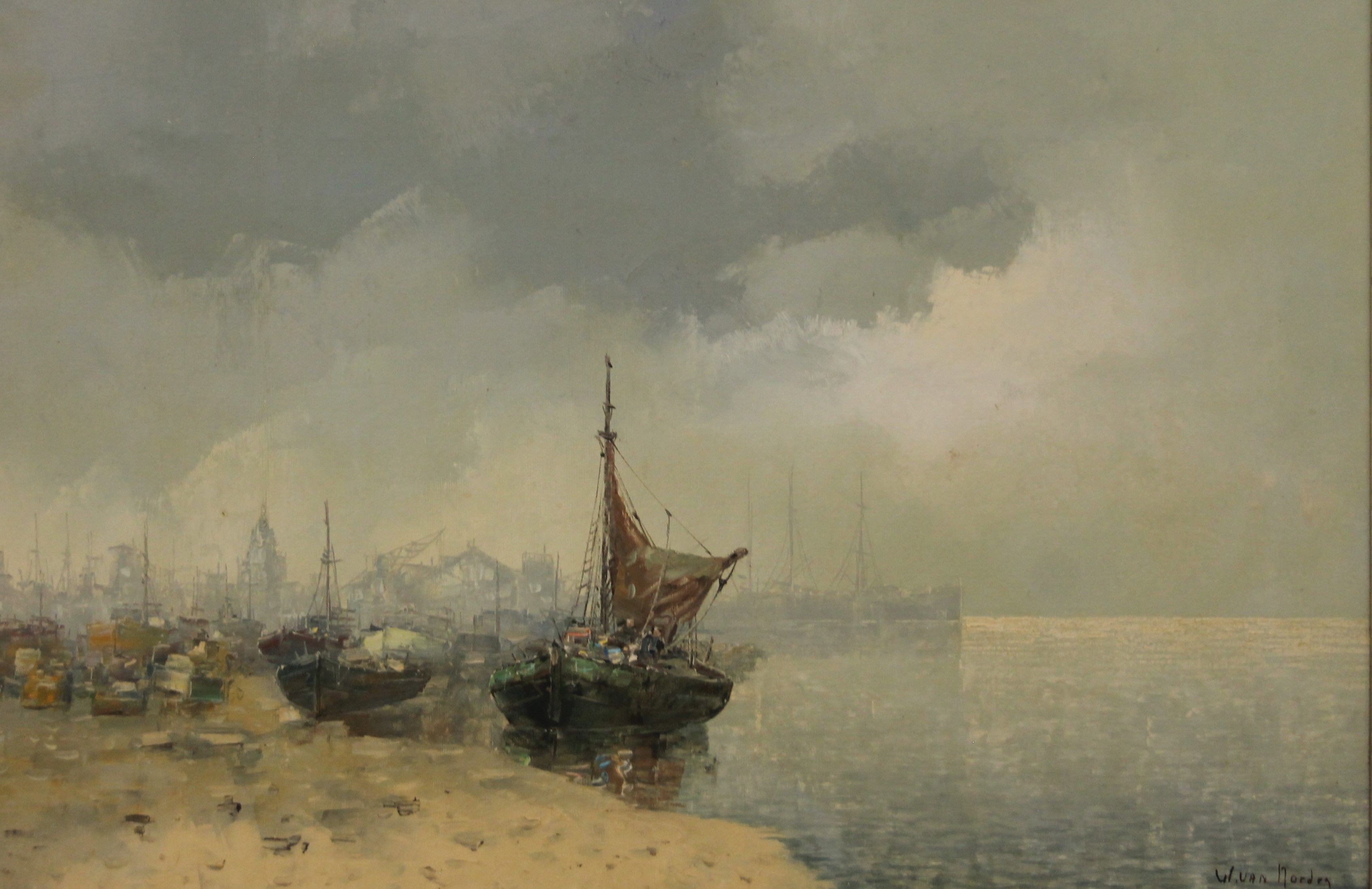 W VAN NORDEN, Ship in a Harbour, oil on canvas, framed.