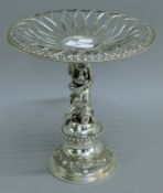 A Victorian silver centrepiece, the stem formed as a putto holding a pierced basket,