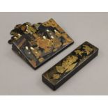 A Japanese lacquered pen box and a wall pocket. The former 20 cm long.