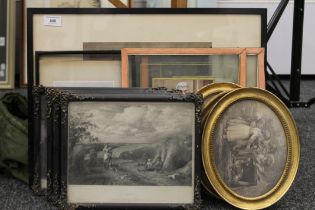 A quantity of various 19th century and later prints and a mirror. The largest 52 x 39.5 cm.