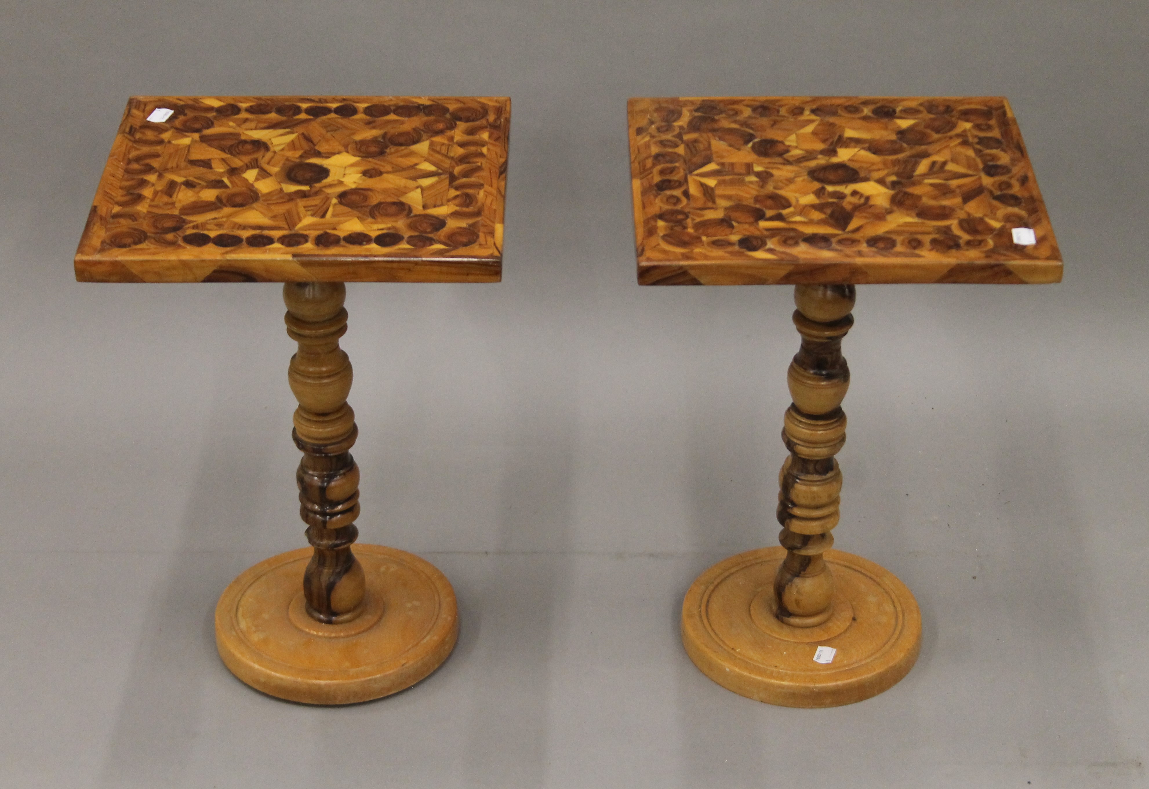 A pair of inlaid side tables. 47 cm high, each top 29 x 33.5 cm.