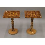 A pair of inlaid side tables. 47 cm high, each top 29 x 33.5 cm.