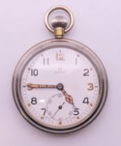 An Omega gentleman's silver-plated pocket watch. 5 cm diameter.