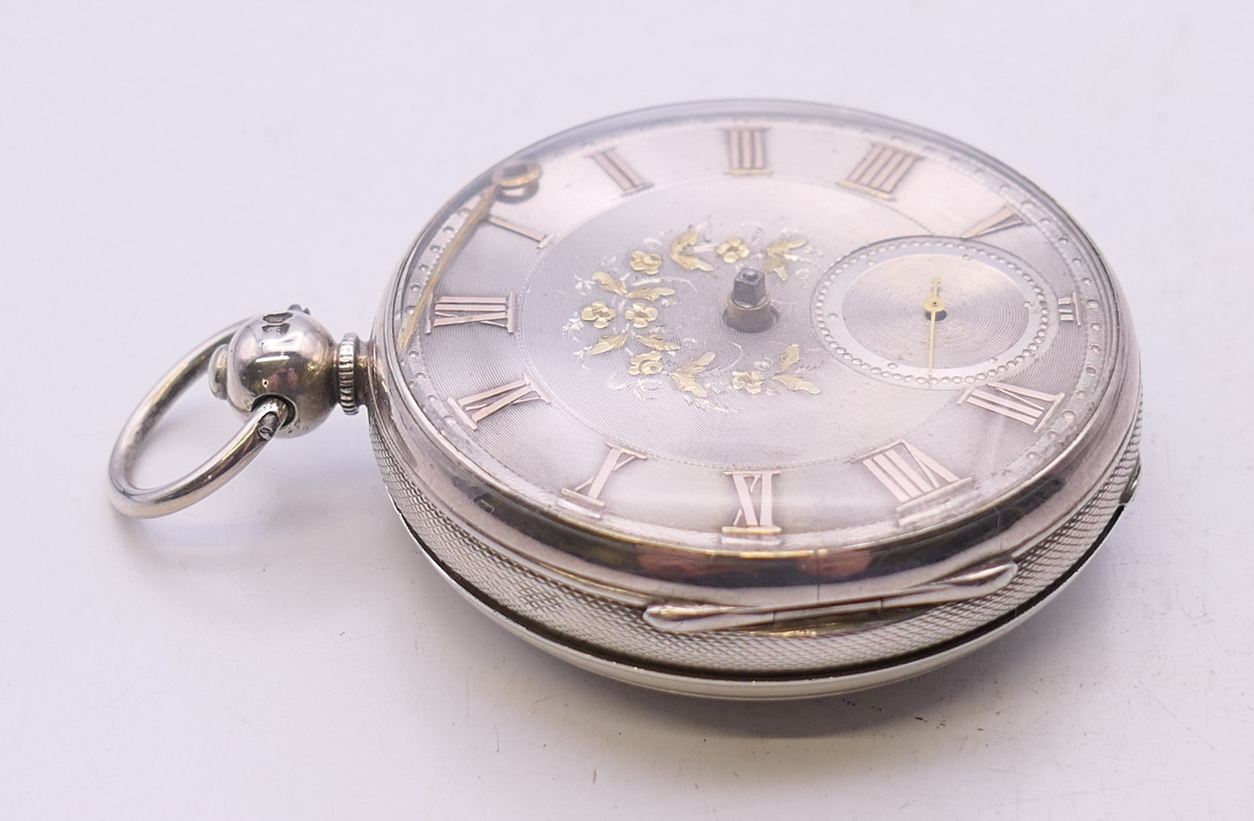 A gentleman's silver pocket watch, the dial with floral decoration, hallmarked for London 1856. 4. - Image 4 of 9